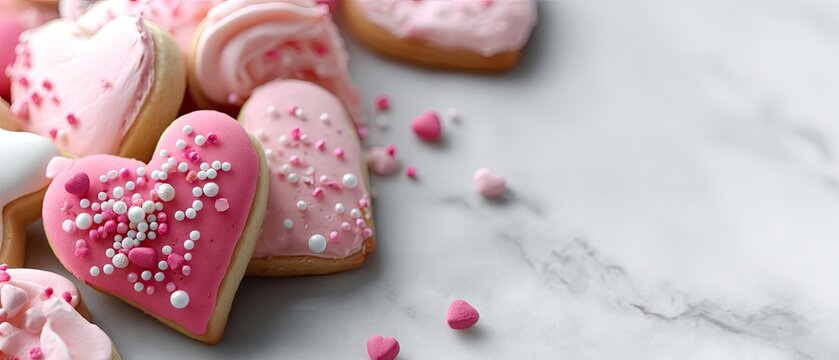Heart-shaped cookies with pink frosting and sprinkles arranged on a marble countertop for Valentine's Day sweet treats