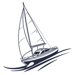 Detailed illustration of a sailboat on stylized waves in navy blue sailing vessel © Bakkar