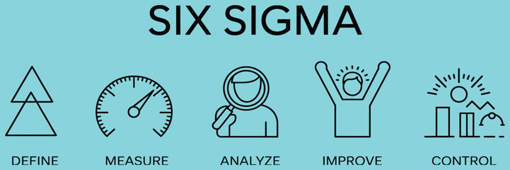 banner lean six sigma vector illustration concept, featuring keywords and icons related to process improvement, quality management, efficiency, continuous improvement, and business performance.