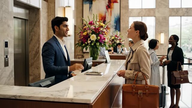 Hotel Receptionist Assisting Guest - A hotel receptionist is assisting a female guest at the front desk. The scene shows a modern hotel lobby with elegant decor and other guests in the background.