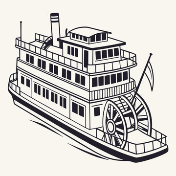 Black and White Drawing of a Paddlewheel Steamboat Keywords: paddlewheel boat, steamboat