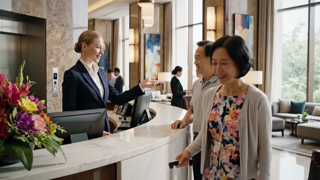 Hotel Receptionist Welcoming Guests - A friendly hotel receptionist in a modern elegant environment warmly welcomes guests at the front desk.