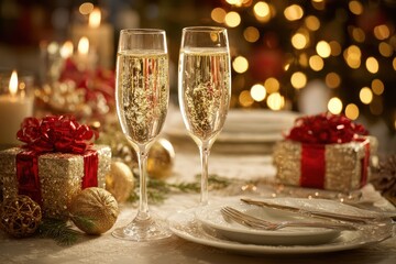 Elegant table setting with sparkling champagne glasses, golden ornaments, and red gifts, softly lit by warm fairy lights, evoking a festive holiday mood