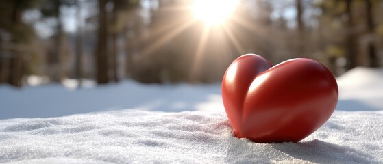 Fototapeta premium Red heart in snow under sunlight in forest for romantic celebration on Valentine's Day