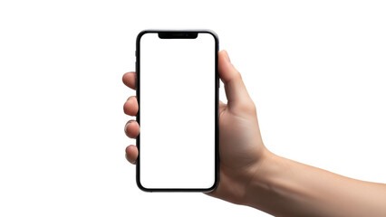 Human hand holding a modern smartphone with a blank white screen isolated on a transparent background