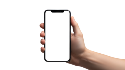 Human hand holding a modern smartphone with a blank white screen isolated on a transparent background