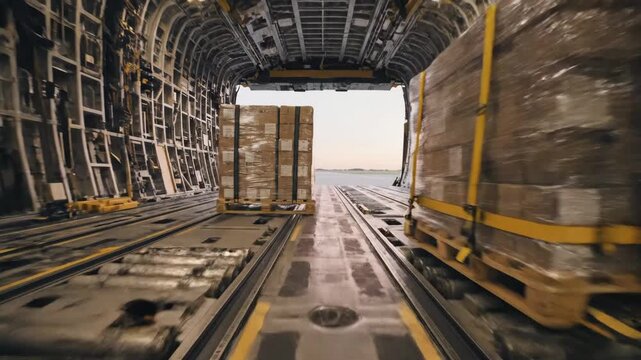 Cargo Pallets on Roller Tracks in Aircraft Hold - The video depicts plastic-wrapped cargo pallets secured with straps, being guided through the cargo hold of an aircraft on roller tracks.
