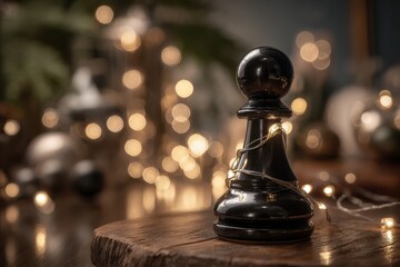 A sleek black chess pawn wrapped in twinkling fairy lights, placed on a rustic wooden table, casting warm reflections and evoking a cozy holiday mood