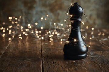 A sleek black chess pawn wrapped in twinkling fairy lights, placed on a rustic wooden table, casting warm reflections and evoking a cozy holiday mood
