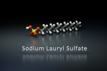 A detailed 3D molecular model of Sodium Lauryl Sulfate (SLS), a common surfactant, is rendered on a dark, reflective surface with its chemical name.