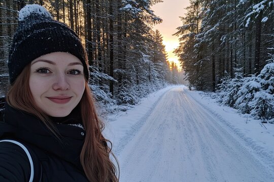 A smiling young woman with long reddish-brown hair wearing a black winter beanie takes a selfie on a snow-covered forest road bathed - Powered by Adobe