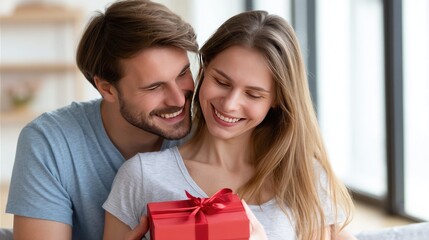 Handsome man gives red gift box to beautiful woman on Valentine's Day, couple shows love while hugging in close-up portrait setting