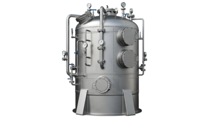 Industrial metal pressure vessel with gauges and pipes isolated on a transparent background tank boiler
