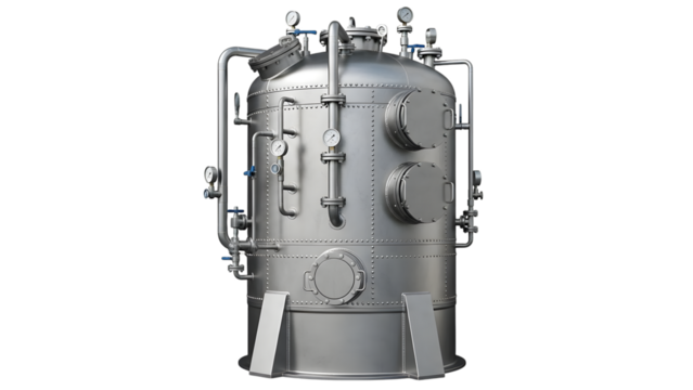 Industrial metal pressure vessel with gauges and pipes isolated on a transparent background tank boiler