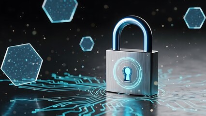 Metallic padlock on circuit board with glowing hexagons and particles security cyber