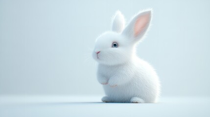 Obraz premium A fluffy white rabbit sitting upright against a light blue background in a studio setting