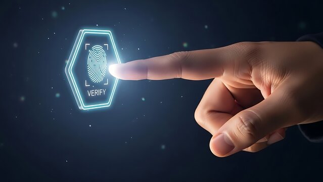 Finger Touching Hexagonal Icon with Fingerprint and Verify Text security