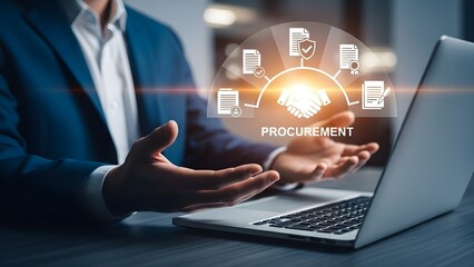 Businessman managing a digital procurement process with a holographic interface showing contracts and a handshake icon.