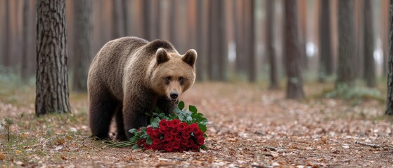 Brown bear holds red roses in forest at sunset, perfect for romantic valentines day setting with vibrant colors and sharp details
