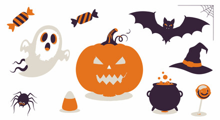Obraz premium A fun set of Halloween symbols jack-o'-lantern, ghost, bat, witch hat, cauldron, spider, and candies, ideal for festive decorations and autumn designs