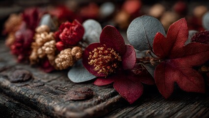 An elegant autumnal flower crown with rich burgundy and gold accents, beautifully arranged on a weathered wooden surface for a seasonal celebration