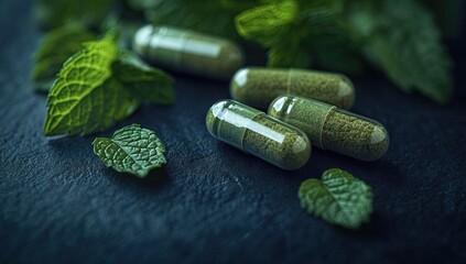 Green herbal capsules and tablets scattered on a dark surface alongside fresh mint leaves, suggesting natural supplements or herbal medicine