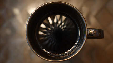 Top down view of an empty glass mug with a textured reflective bottom, creating an abstract optical illusion effect on a metallic surface.