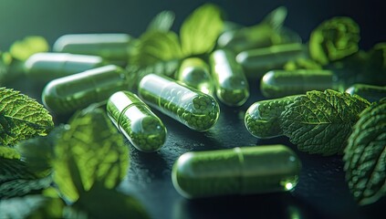 Green herbal capsules and tablets scattered on a dark surface alongside fresh mint leaves, suggesting natural supplements or herbal medicine