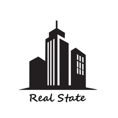 Obraz premium Minimalist silhouette of a city skyline with 'real estate' text.