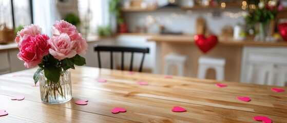 Valentines day scene with pink hearts and flowers on a table in a kitchen setting for celebration and decoration
