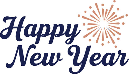 Festive happy new year text with a stylized golden firework bursting on a clean white background