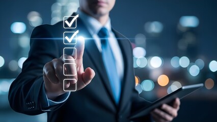 Businessman in a suit using a futuristic touchscreen interface to check off items on a digital list.