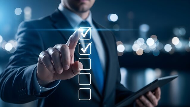 Businessman in a suit ticking off items on a glowing digital checklist interface. - Powered by Adobe