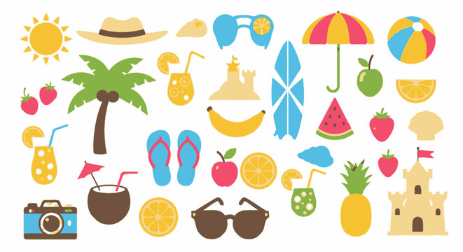 A vibrant collection of summer icons depicting beach activities, tropical fruits, and sunny weather for vacation and holiday designs