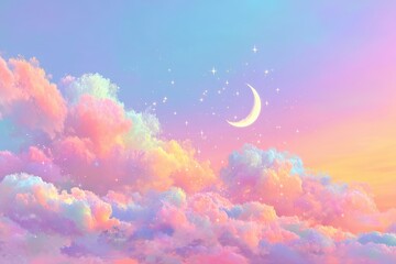 Enchanting night scene showcasing a crescent moon and shimmering stars above pastel-hued clouds, radiating a joyful and celebratory ambiance for the New Year