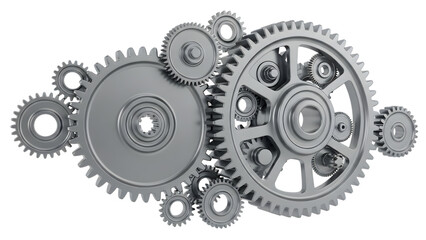 Interlocking metal gears of various sizes and complex mechanisms isolated on a transparent background