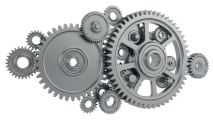 Interlocking metal gears of various sizes and complex mechanisms isolated on a transparent background