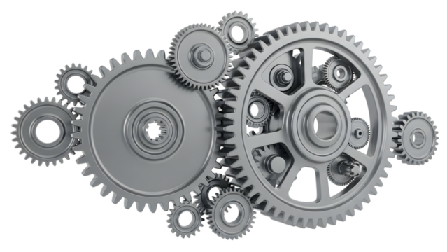 Interlocking metal gears of various sizes and complex mechanisms isolated on a transparent background