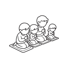a simple black and white illustration depicts a family of four people praying or meditating together kneeling in line