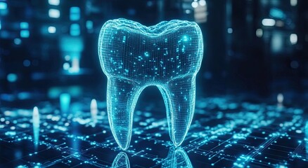 Dental tooth icon on a blue background with digital graphics and futuristic elements