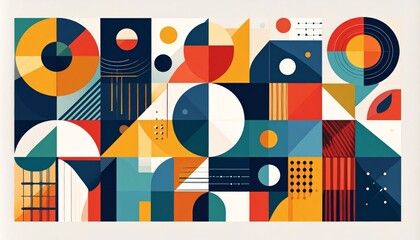 Modern abstract composition of geometric shapes with clean lines, bold color blocks, balanced layout, minimal vector style, contemporary design suitable for posters and editorial use