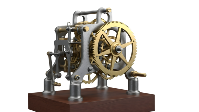Intricate brass and silver mechanical clockwork mechanism with large gears isolated on a transparent background