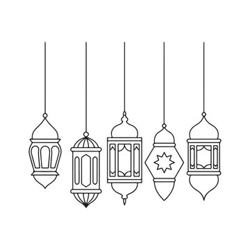 a minimalist illustration showing five delicately drawn hanging lanterns in black and white offering a serene and decorative aesthetic