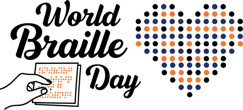 World braille day celebration with a heart symbol composed of braille dots and a hand holding a braille card - Powered by Adobe