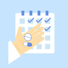 Flat style concept of treatment planning and schedule. Pills in hand and calendar.