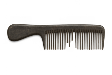 Broken plastic comb, missing teeth and showing signs of wear, an isolated grooming tool on transparent background