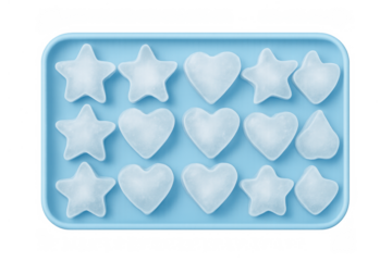Blue tray full of sculpted freezing water cubes, featuring star, heart, and other shapes for refreshing beverages