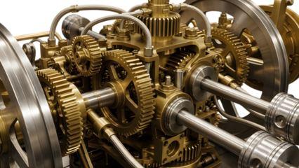 Intricate brass and steel mechanical engine gears and pistons with flexible metal tubing isolated on a transparent background