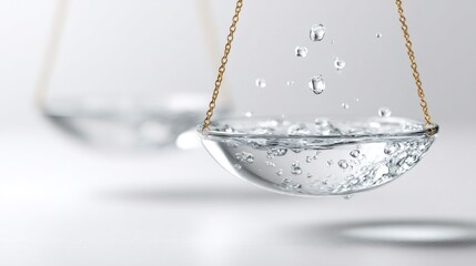 Scale pan holding clear bubbling water with falling droplets, symbolizing delicate balance and equity