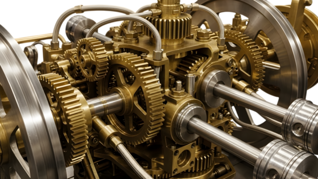 Intricate brass and steel mechanical engine gears and pistons with flexible metal tubing isolated on a transparent background